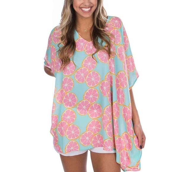 Lauren James Isla Tunic in Main Squeeze Grapefruit Citrus Print One Size coverup - Picture 1 of 7